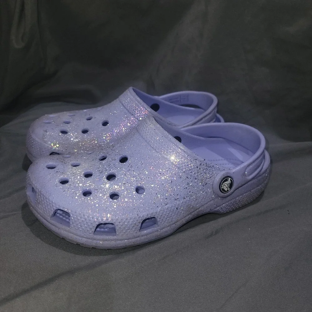 Crocs Classic Glitter Kids Clogs Size 3 Purple Glitter Rubber Slingback